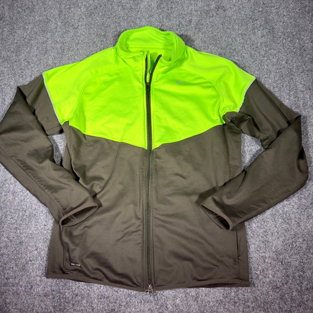 Nike Dri-FIT Full Zip Running Jacket Mens Large Olive Green Neon Yellow Hi-Vis